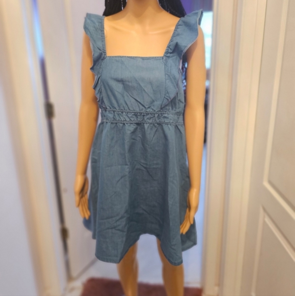 Derek Heart Denim-Look Ruffle Strap Mini Dress — Blue